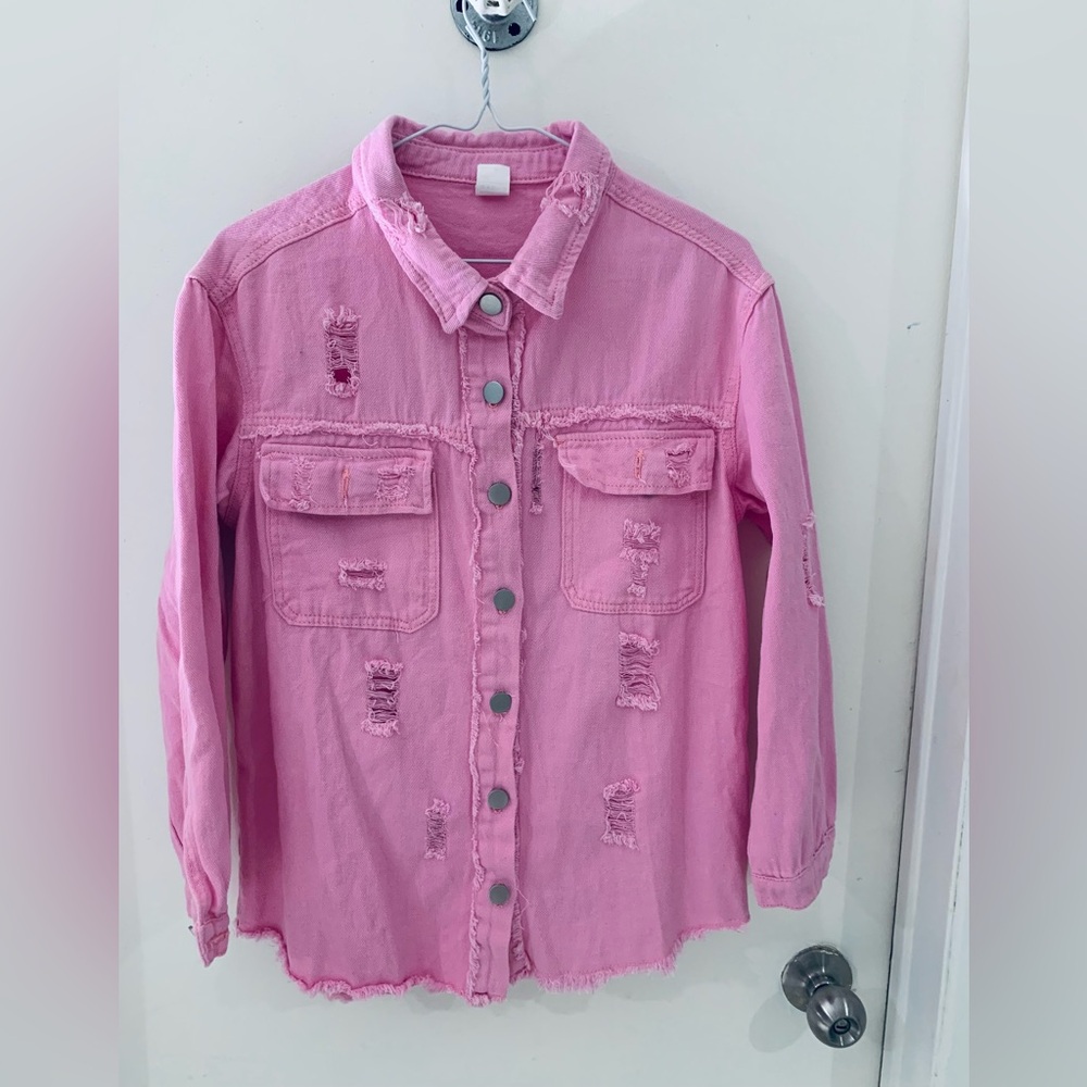 Pink Distressed Button-Up Jacket - Women